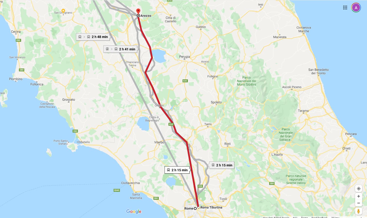 map rome to arezzo