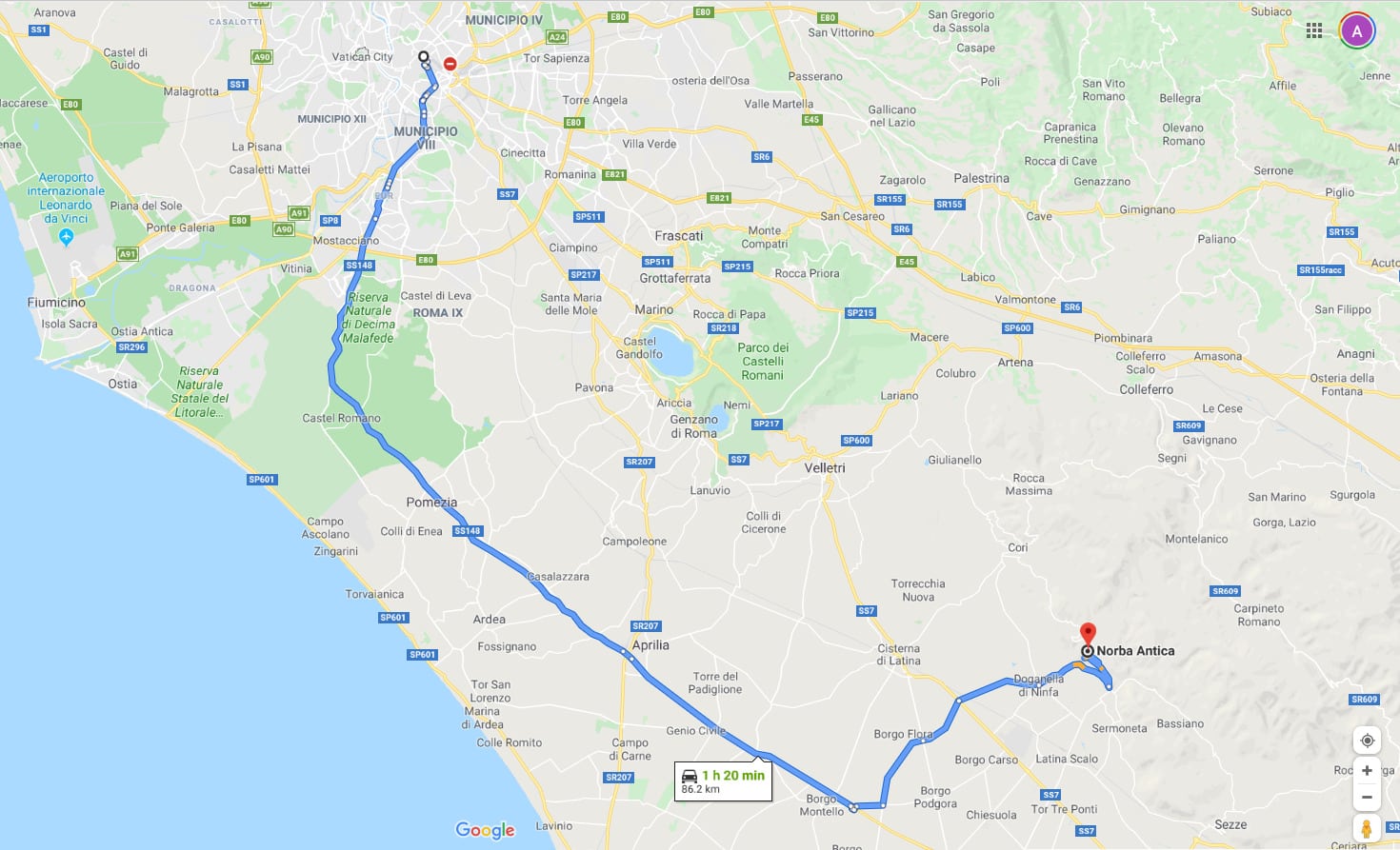 map rome to norba antica