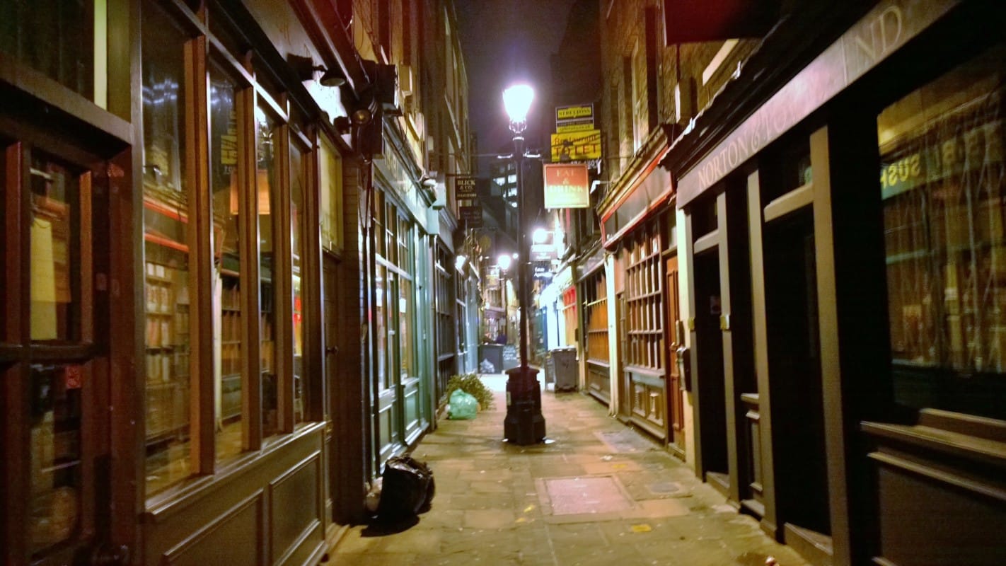 “Shops dark at night from Jack the Ripper Tour”