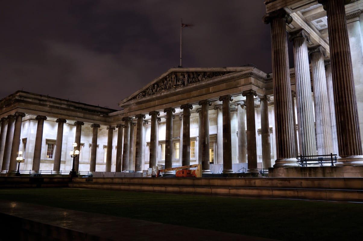 “The British Museum seen from outside at night”